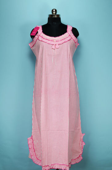 Picture of White and Pink Sleeveless Stripes Design Calf Length Cotton Nighty
