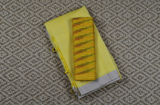 Picture of Lemon Yellow and Beige Missing Checks Mangalagiri Handloom Cotton Saree