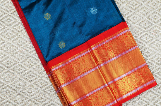 Picture of Peacock Blue and Red Kanchi Border Mangalagiri Silk Saree