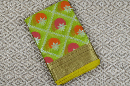 Picture of Parrot Green with Pink and Orange Floral weave Kota Silk Saree