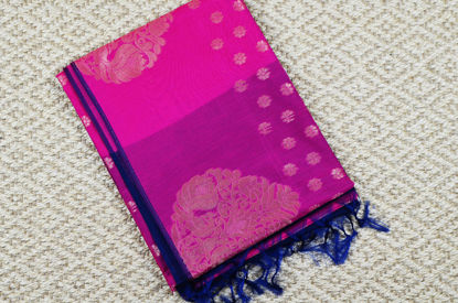 Picture of Pink and Navy Blue Mercerised Kanchi Silk Cotton Saree