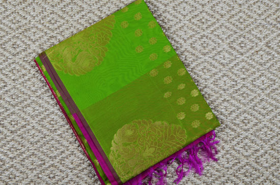 Picture of Parrot Green and Pink Mercerised Kanchi Silk Cotton Saree