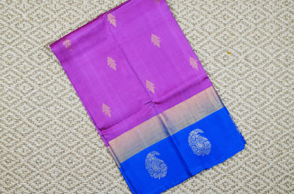 Picture of Peach and Blue Double Border Pure Kanchi Soft Silk Saree