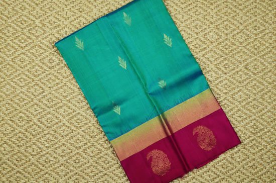 Picture of Peacock Blue and Pink Double Border Pure Kanchi Soft Silk Saree