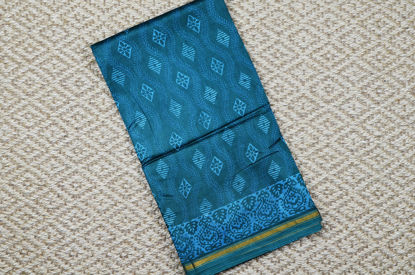 Picture of Peacock Blue Handblock Print Mulberry Silk Saree with Small Zari Border.