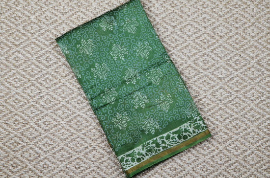Picture of Green Handblock Print Mulberry Silk Saree with Small Zari Border.