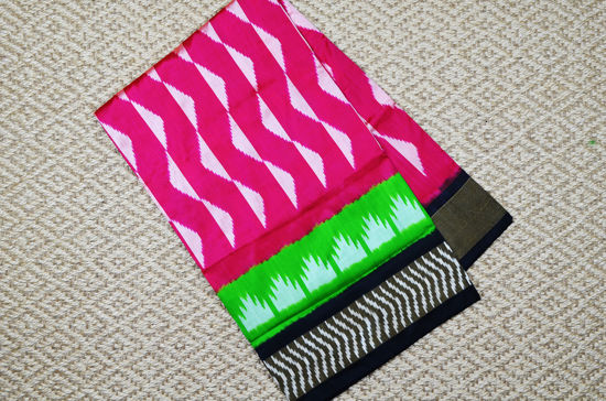Picture of "Pink, Parrot Green and Black Pochampally Single Ikkat  Silk Saree"