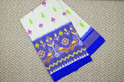 Picture of Ivory White and Royal Blue Big Border Pochampally Double Ikkat Silk Saree