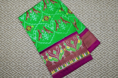 Picture of Parrot Green and Pink Pochampally Double Ikkat Silk Saree