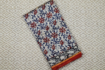 Picture of Beige with Blue and Red Kalamkari Print Chanderi Silk Saree with Small Zari Border