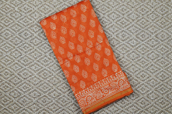 Picture of Orange Handblock Print Chanderi Silk Saree with Small Zari Border