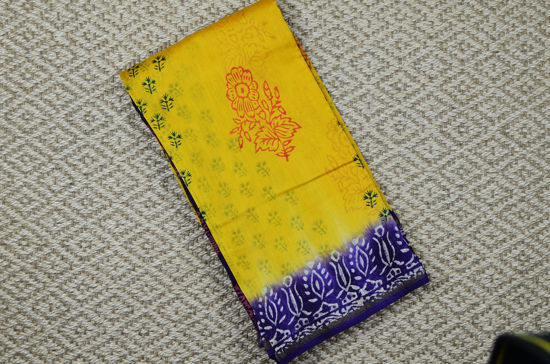 Picture of Yellow and Lavender Handblock Print Chanderi Silk Saree with Small Zari Border