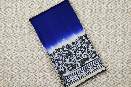 Picture of Royal Blue and Beige Handblock Print Chanderi Silk Saree with Small Zari Border