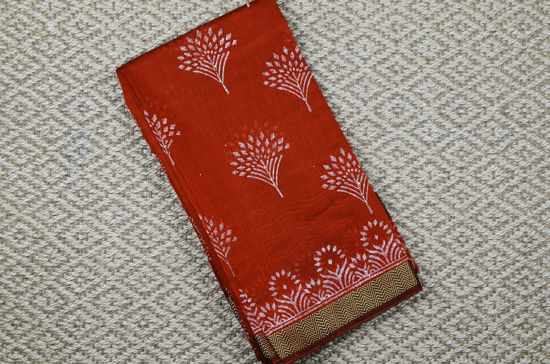 Picture of Brick Red Handblock Print Maheshwari Silk Saree with Zari Border