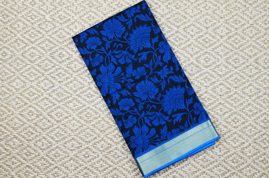 Picture of Black and Blue Floral Print Maheshwari Silk Saree with Zari Border