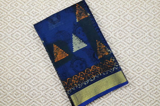 Picture of Greyish Blue Batik Print Maheshwari Silk Saree with Zari Border