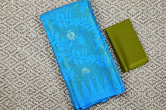 Picture of Blue and Olive Green Half and Half Jamdani Soft Handloom Cotton Saree
