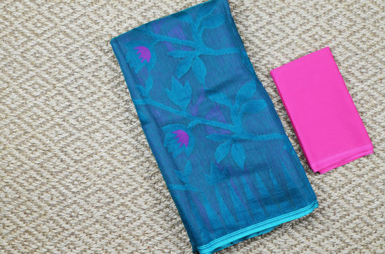 Picture of Peacock Green and Onion Pink Half and Half Jamdani Soft Handloom Cotton Saree