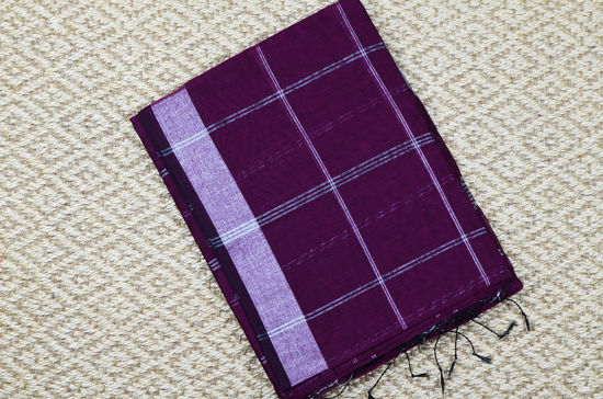 Picture of Purple Silver Checks Handloom Silk Cotton Saree
