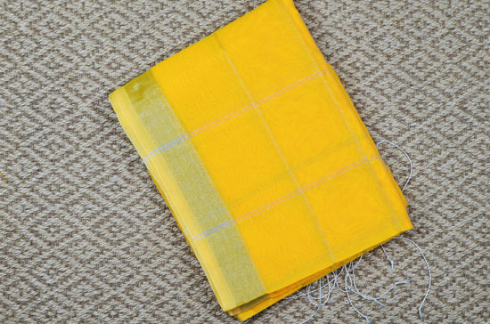 Picture of Yellow Silver Checks Handloom Silk Cotton Saree