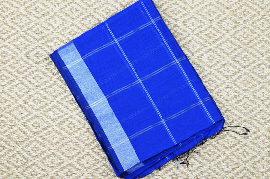 Picture of Royal Blue Silver Checks Handloom Silk Cotton Saree