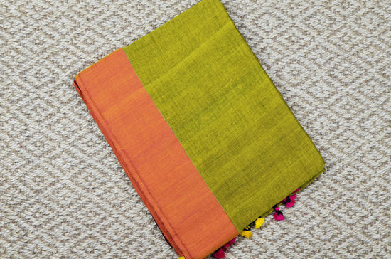 Picture of Olive Green and Maroon Plain Style Handloom silk Cotton saree
