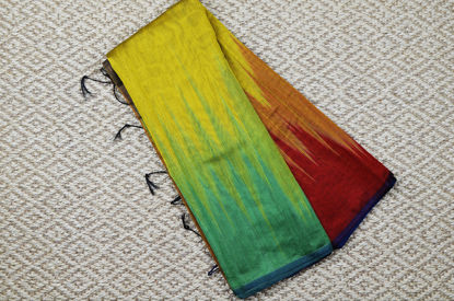 Picture of "Olive Yellow, Brick Red and Green Handloom Silk Saree with Pochampally Design"
