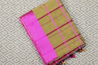 Picture of Nude and pink Satin Checks Handloom Silk Saree with Satin Border
