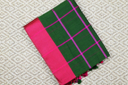 Picture of Bottle Green and Magenta Checks Handloom Silk Saree with Satin Border