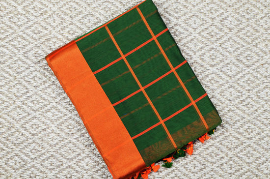 Picture of Bottle Green and Orange Checks Handloom Silk Saree with Satin Border