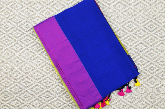 Picture of Royal Blue and Olive Green Soft Handloom Cotton Saree with Ganga Jamuna Borders