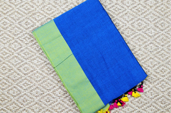 Picture of Peacock Blue and Olive Green Soft Handloom Cotton Saree with Ganga Jamuna Borders