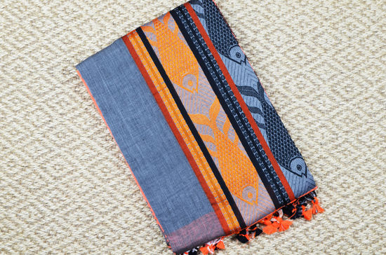 Picture of Grey and Orange Soft Handloom Cotton Saree with Fish Design