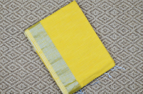 Picture of Yellow with Silver Border Pure Linen Cotton saree