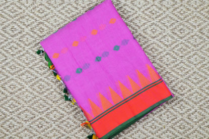 Picture of Pink and Green Pure Cotton saree with Allover Butta and Temple Border