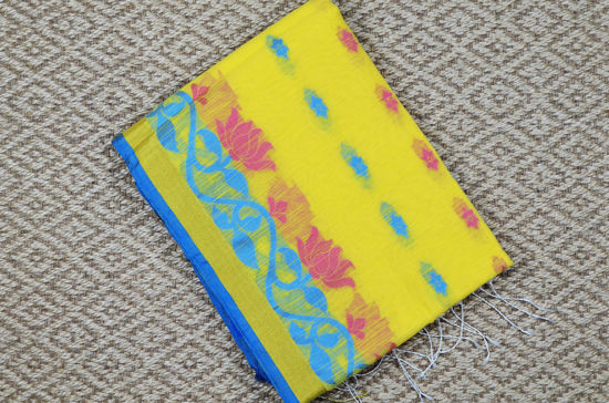 Picture of Lemon Yellow and Blue Pure Cotton saree with Allover Butta and Floral Border