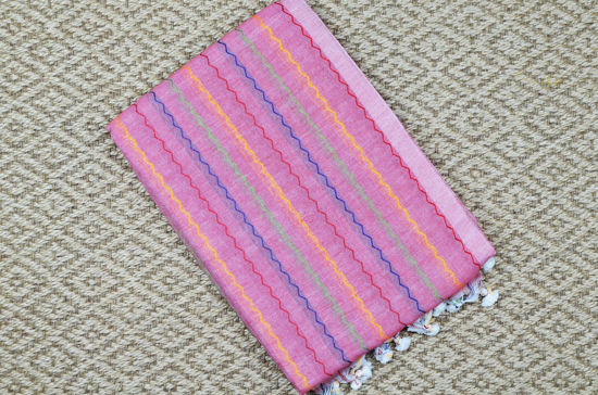 Picture of Peach Pure Cotton saree with Multi Colour Zig Zag Stripes