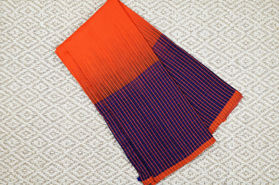 Picture of Orange and Navy Blue Pure Cotton saree with Checks Border