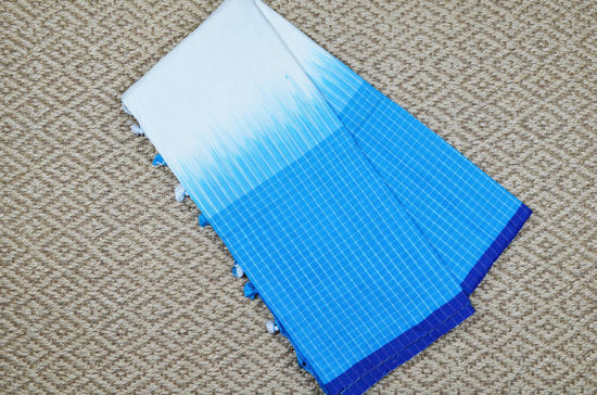 Picture of White and Sky Blue Pure Cotton saree with Checks Border