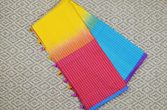 Picture of Yellow, Pink and Sky Blue Pure Cotton saree with Ganga Jamuna Checks Border