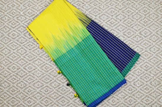 Picture of "Lemon Yellow, Green and Royal Blue Pure Cotton saree with Ganga Jamuna Checks Border"