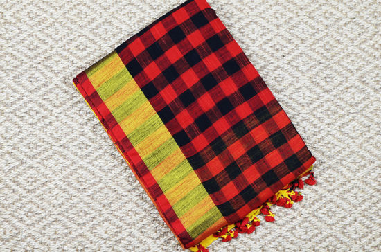 Picture of Yellow with Red and Black Checks Pure Cotton saree with Gold Zari Border