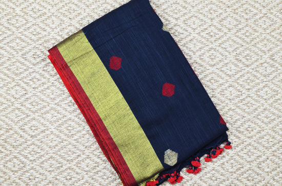 Picture of Black and Red Pure Linen Cotton Saree with Ball Butta and Gold Border