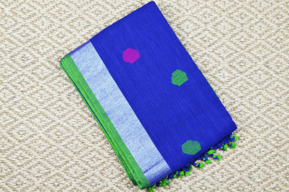 Picture of Royal Blue and Green Pure Linen Cotton Saree with Ball Butta and Silver Border