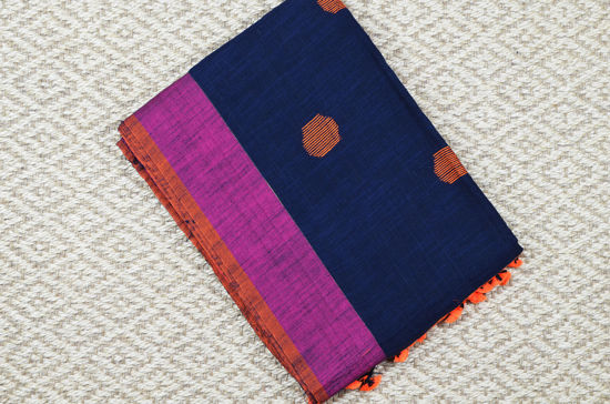 Picture of Black and Orange Pure Linen Cotton Saree with Ball Butta and Ganga Jamuna Border