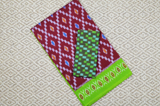 Picture of Brick Red and Olive Green Pochampally Ikkat Cotton Saree