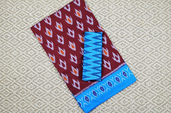 Picture of Brick Red and Sky Blue Pochampally Ikkat Cotton Saree