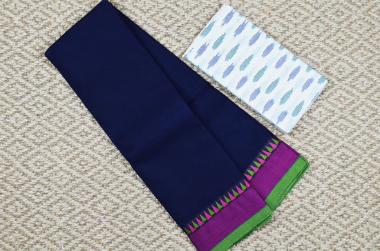 Picture of Navy Blue with Magenta and Green Border Plain Style Pure Kanchi Cotton saree