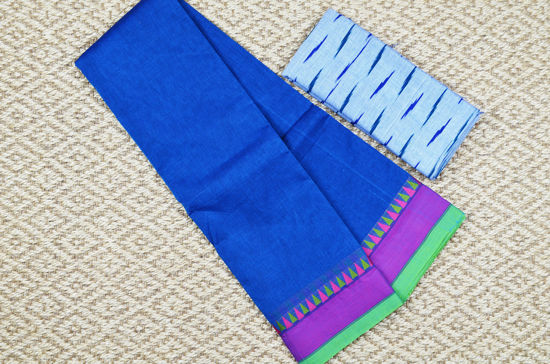 Picture of Peacock Blue with Magenta and Green Border Plain Style Pure Kanchi Cotton saree