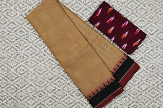 Picture of Beige with Black and Brick Red Border Plain Style Pure Kanchi Cotton saree